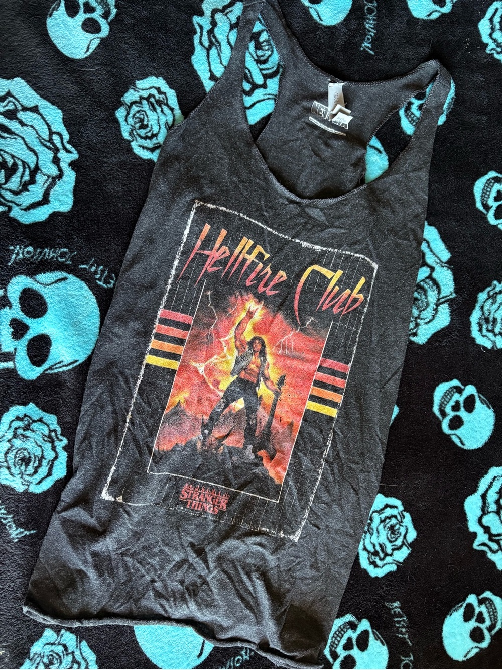 Netflix Black 'Hellfire Club' Graphic Racerback Tank with Red and Yellow Print